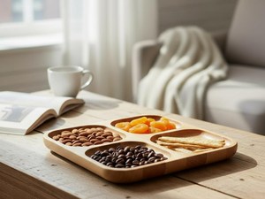 Square Wooden <b>Snack</b> <b>Tray</b> 4 Compartment Serving Board Divided Appetizer Platter Wooden Charcuterie Dish for Nuts Fruits & Treats - Product Image 3