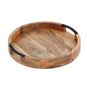 Handcrafted Round Mango Wood Serving Tray with Black Metal Handles Decorative Ottoman Tray for Coffee <b>Table</b> <b>Kitchen</b> Decor Tray - Product Image 1