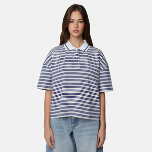 Polo de Manga Corta a Rayas para Mujer, Tejido, Casual, con Patrón Azul y Blanco - Product Image 1
