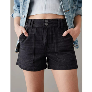 Black Color Boyfriend Fashion Wholesale Ladies Sexy Waist <b>Jeans</b> for Women's Cotton Double <b>Button</b> Plain Hem Denim Shorts - Product Image 3