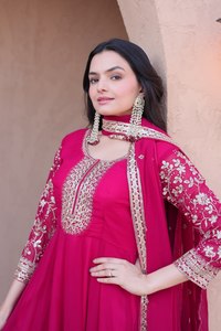 Elegant Pink Embroidered Anarkali Suit With Dupatta Floral Print Chiffon Maxi Dress Women's Ethnic Wear Pakistani Style - Product Image 6