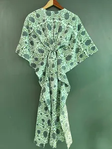 Women’s <b>Boho</b> V-Neck Floral Leaf Hand Print Kaftan <b>Dress</b> Olive Green Cotton Loose Fit <b>Summer</b> Beach <b>Dress</b> - Product Image 3