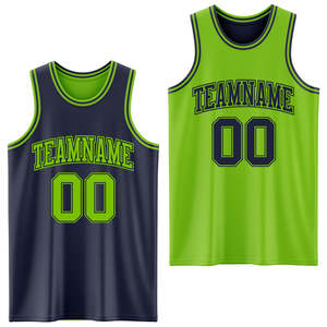 Uniforme de baloncesto personalizado en verde lima y azul marino, con malla, nombre del equipo, número, ropa deportiva para entrenamiento atlético. - Product Image 1