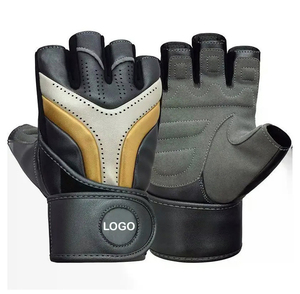Gants de fitness demi-doigts noir or gris aspect cuir respirant fermeture à boucle cadre de vélo - Product Image 1