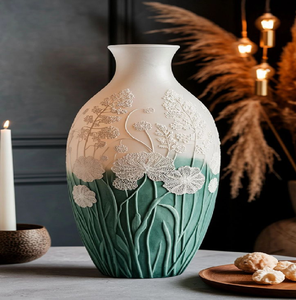 Elegante jarrón de cerámica esmerilada con intrincado relieve botánico blanco y un acabado de brillo suave. Disponible a precios de mayorista. - Product Image 1
