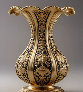 Jarrón ornamental de estilo barroco en oro y negro con borde acanalado y patrones de filigrana intrincados. Disponible a precios de mayorista. - Product Image 1