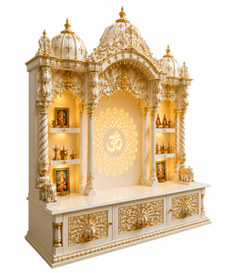 Traditional White and Gold <b>Mandir</b> with Om Back Design Hand-Carved Indoor Temple for Villa Home Hindu Prayer Pooja <b>Mandir</b> London - Product Image 4