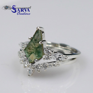 Natural Moss Agate Kite Shape <b>Ring</b> <b>Set</b> with Cubic Zirconia Accents 925 <b>Sterling</b> <b>Silver</b> Wedding Engagement <b>Ring</b> <b>Set</b> for Women - Product Image 5