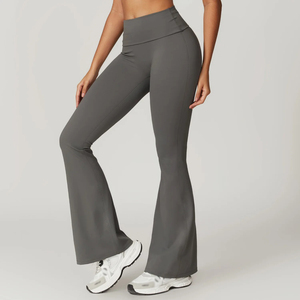 High Waist <b>Flared</b> Leg Yoga <b>Leggings</b> Full Length Solid Black Eco-Friendly Four-Way Stretch Fitness Pants Women Workout Wear - Product Image 4