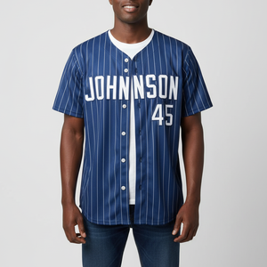 Camiseta de Béisbol de Alta Calidad para Hombre, Azul con Rayas Finas, Manga Corta, Cierre de Botones, Johnson 45, Transpirable, Corte Regular, para Todas las Temporadas - Product Image 1