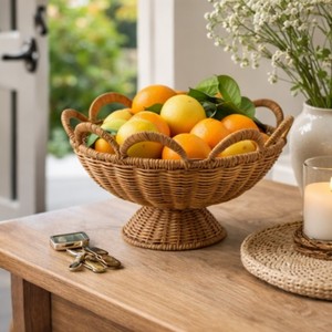 Grand saladier décoratif en rotin festonné sur pied, panier à fruits tressé sur piétement pour cuisine et salle à manger, vente en gros - Product Image 3