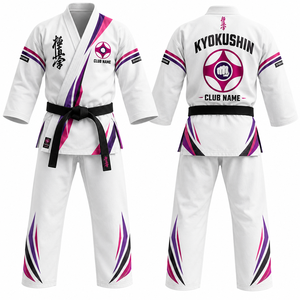 Kimono de karaté MEGAMAPLE Club, imprimé par transfert thermique, nom et numéros d'équipe, blanc et bleu, col en V, manches longues, coton élastique anti-humidité - Product Image 1