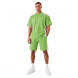 Men's Green <b>Knitted</b> Sporty T-Shirt <b>Set</b> With Drawstring Shorts Crew Neck Quick Dry Summer Breathable Casual Wear - Product Image 1