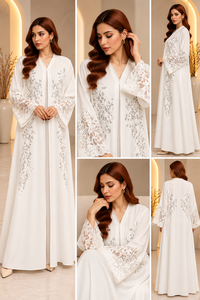 ALRESHA Women's White Lace Dantel Breathable Maxi <b>Abaya</b> High Neck Long Sleeve Loose Fit Modest Islamic <b>Prayer</b> UAE Wholesale - Product Image 2