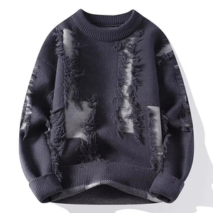 Pull tricoté oversize à col rond pour homme, noir uni, avec découpes, idéal pour l'hiver, anti-boulochage, coupe classique - Product Image 5