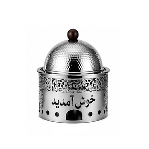 Casserole isotherme ronde en métal doré avec couvercle en dôme et bouton en bois, design ajouré oriental - Product Image 3