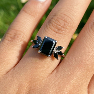 Bague en argent 925 avec diamant naturel noir taille émeraude qualité AAA, sertie de griffes, motif floral, pour mariée, unisexe, fiançailles, mariage, fête, cadeau - Product Image 1