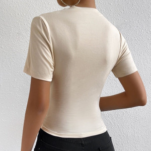 T-shirts pour femmes, mode décontractée, col rond, manches courtes, hauts pour enfants, respirants, couleur unie, plissés, t-shirts pour femmes - Product Image 4