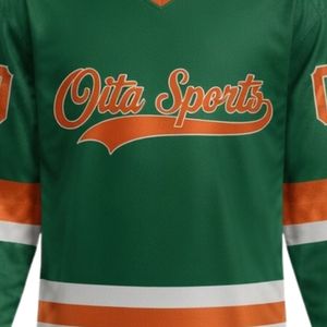 Conjunto de Camiseta y Pantalones Cortos de Hockey sobre Hielo Sublimados en Verde y Naranja para Hombre, Cuello en V, Rayas, Poliéster, Uniforme Deportivo, Ropa de Alto Rendimiento para Partidos - Product Image 5