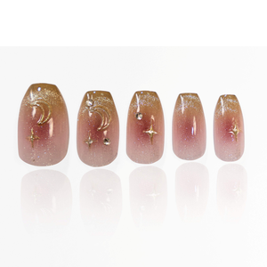 Faux Ongles à Presser Helios Gradient Champagne ABS, Forme Amande Nude, Paillettes Étoiles, Forme Personnalisée, Longueur Moyenne, 24 Pièces, Vente en Gros - Product Image 1