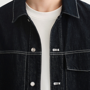 Black <b>Denim</b> <b>Jacket</b> Unisex Autumn Streetwear Workwear Style Shirt Pocket Design <b>Custom</b> Front Logo Button Outerwear Finished - Product Image 4