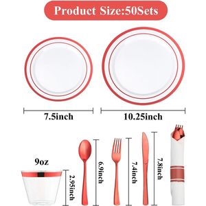 Kit di Articoli per Feste Usa e Getta di Lusso per 50 Ospiti, Set di Stoviglie in Plastica Rossa da 350 Pezzi, Include 50 Piatti per Cena e Dessert - Product Image 3