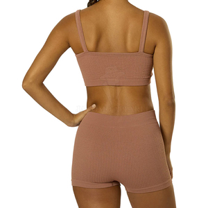 Conjunto de Yoga de 2 Piezas para Mujer, Top Corto con Tirantes Finos y Cuello Redondo, Pantalones Cortos de Cintura Alta, Color Sólido, Transpirable, Ecológico, Elástico - Product Image 4