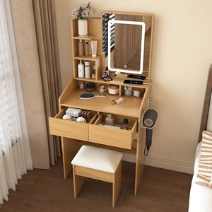 Tavolo da Trucco Compatto con Illuminazione LED, Presa di Corrente e Supporto per Asciugacapelli, Sgabello per Camere da Letto Piccole - Product Image 1