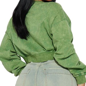 Vintage Mineral Wash Cropped Sweatshirt for Women's Custom Heavy Cotton French Terry Women's Hoodies Crewneck <b>Green</b> Spring Wear - Product Image 3