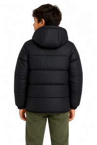 Boys Black Hooded Puffer Winter Jacket Insulated <b>Quilted</b> Warm Zip-Up Coat Lightweight Water Resistant Cold Weather Outerwear - Product Image 3