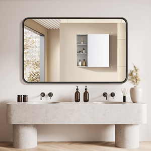 50\" X 32\" Elegant Scalloped Design Rectangular Lacquered Black <b>Hanging</b> Bathroom <b>Mirror</b> Aluminum Alloy Rounded <b>Mirror</b> <b>Mirror</b> - Product Image 5
