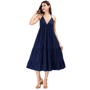 Vestido Largo Halter Azul Marino para Mujer, Cuello en V Profundo, con Volantes en Capas, Estilo Boho, Casual, para Verano, Playa o Vacaciones - Product Image 1