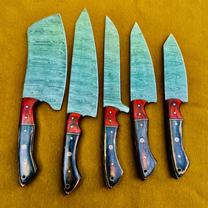 Coffret de 5 couteaux de chef LEGACY BLADES en acier Damas, manche en bois fait main, 67 couches, durable, éco-responsable, tranchant, à lame droite - Product Image 1