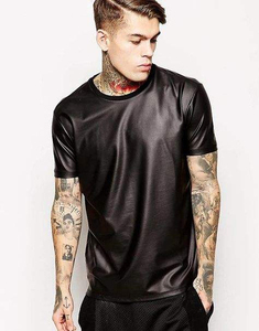 T-shirt en cuir noir uni pour homme, coupe classique, haute qualité, logo personnalisé, service OEM, vente en gros, vêtements décontractés pour garçons - Product Image 2