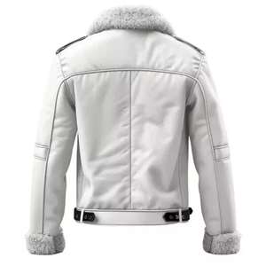 <b>Men</b> <b>White</b> Leather <b>Jacket</b> Fur Collar Shearling Style Winter Warm Coat Zip Up Biker <b>Jacket</b> Custom Logo Factory Direct Supply Bulk - Product Image 4