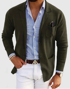 Men's Olive Green Single Breasted Notched Collar <b>Blazer</b> British Style Regular Fit Cotton Woven <b>Jacket</b> Breathable - Product Image 1