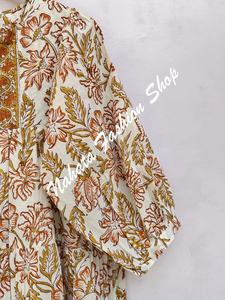 Nouveauté Robe longue en coton imprimé de fleurs dorées et rouges pour femmes, manches 3/4 avec cravates en coton, mini robe d'été pour femmes - Product Image 3