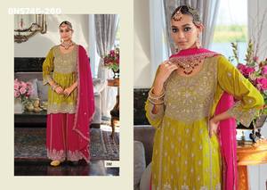 Collection de vêtements ethniques de qualité supérieure, tendance, en chinon avec broderies, comprenant kurta, palazzo et dupatta, fournisseur de vêtements ethniques de Surat. - Product Image 5