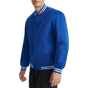 Chaqueta Varsity Personalizada para Hombre en Azul Rey con Ribete a Rayas, Chaqueta Bomber de Satén, Ropa Exterior Casual Universitaria al por Mayor - Product Image 2