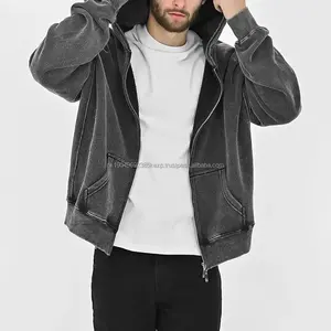 Sudadera con Capucha Corta de Felpa Francesa con Cierre, Lavado Ácido, Gruesa, Unisex - Product Image 1