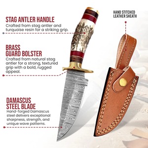 Couteau de chasse artisanal en acier Damas avec manche en corne de cerf, avec étui, lame fixe, personnalisable, OEM, survie, tactique - Product Image 2