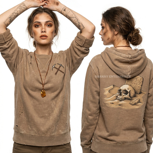 Sudadera Única de 350GSM Marrón con Lavado Mineral para Mujer, con Gráfico de Calavera Egipcia y Tumba del Desierto, Estilo Arqueólogo Desgastado, Top Tipo Pullover - Product Image 1