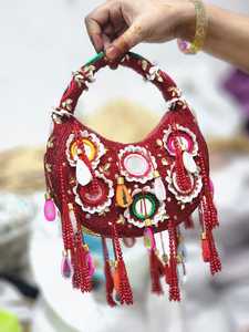 Bolso de Hombro Bohemio con Cuentas para Mujer, Adornos de Espejo y Borlas, Rojo, Dos Asas, Cierre de Cremallera, Algodón, para Todas las Temporadas, Uso Diario - Product Image 1
