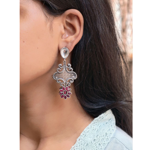 Wholesale Oxidized Silver Plated <b>Red</b> Stone Flower <b>Drop</b> <b>Earrings</b> for Women Ethnic Bohemian Statement Jewelry - Product Image 3