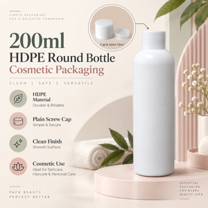 Bouteille ronde en HDPE de 200 ml avec bouchon à vis |   Contenant d'emballage cosmétique pour soins de la peau, soins capillaires, lotion, shampoing et produits de soins personnels - Product Image 5