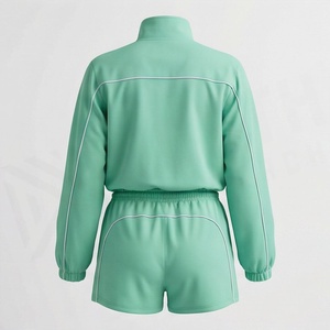 Conjunto Deportivo de 2 Piezas para Mujer, Top de Manga Larga con Bordado Geométrico Verde, Shorts por Encima de la Rodilla, Corte Holgado, Ropa de Primavera/Verano - Product Image 2