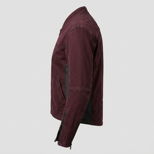 Chaqueta Bomber de Lona Vaquera Lavada Borgoña con Cremallera en las Mangas, Cuello Mandarín, Estilo Cafe Racer para Hombre - Product Image 4
