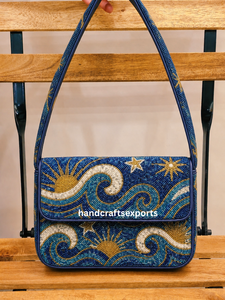 Sac à bandoulière personnalisé de luxe fait main, motif coucher de soleil tropical, perles, fermeture magnétique sécurisée, léger, durable, résistant, tendance - Product Image 4