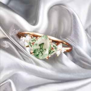 Vintage Moss Agate Ring Unique Engagement Ring Cluster Moissanite Wedding Bridal Promise Pear Cut Ring - Product Image 1