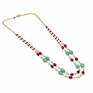 Custom Rhodium Plated <b>Necklace</b> Multi Gemstone Emerald <b>Ruby</b> Coral Bead Pearl Dual Layer Long Haar Chain Fine Women Luxury Gift - Product Image 3